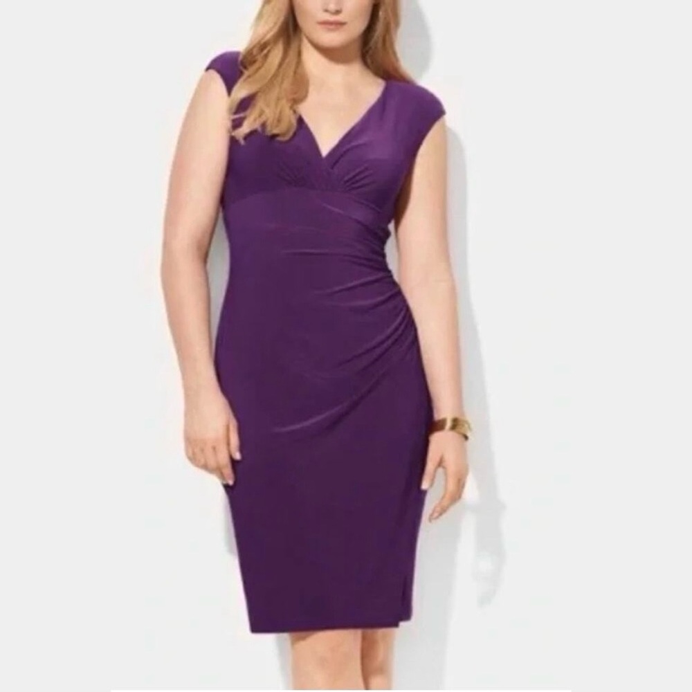 Ralph Lauren Dress Womens 8 Purple Faux Wrap Midi Short Stretch Sheath Viscose